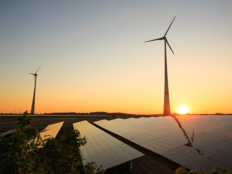 Windmills and solar panels in a field at sunset