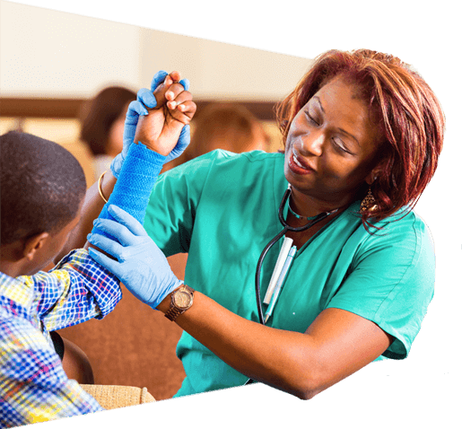 Doctor examines the cast on the arm of her young patient.