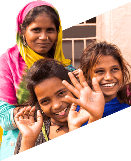 Woman in a colorful headscarf with her two laughing children.